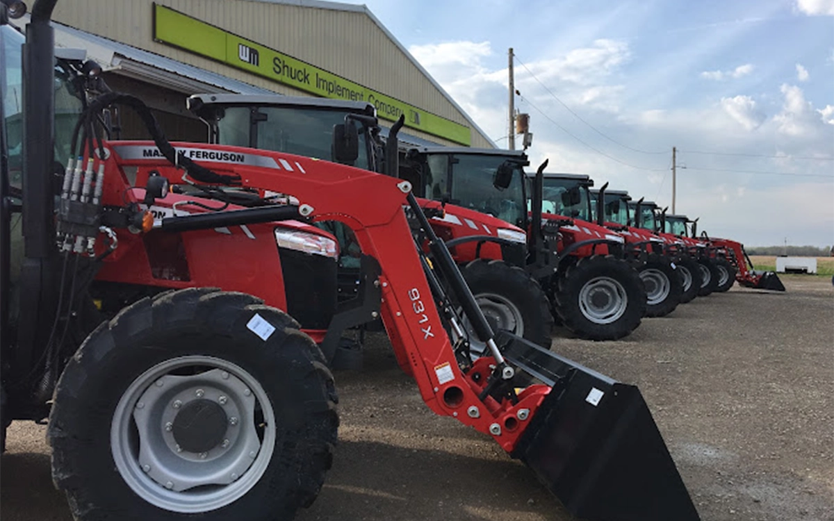 Massey Ferguson compact and utility tractors on display at Schuck Implement in Lawrence, Kansas.
